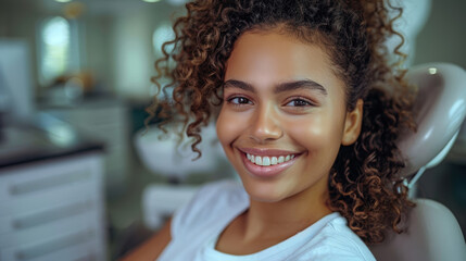 Wall Mural - A woman with curly hair is sitting in a chair with a smile on her face. She is wearing a white shirt and she is happy