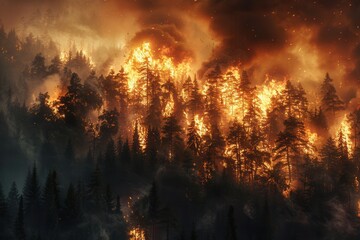 Poster - A forest is engulfed in flames, with fierce fires consuming the trees, while thick smoke and ash billow into the air. Generative AI
