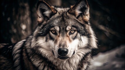 A beautiful portrait of a wolf looking right at you in the light of a winter forest