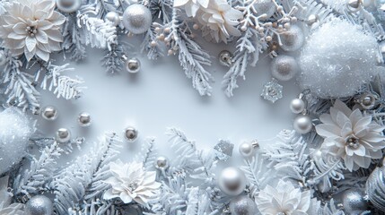 Wall Mural - festive holiday decor, elegant white christmas banner featuring delicate ice crystals, sparkling garlands, and stylish silver decorations for a classic look