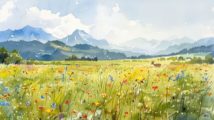 Wall Mural - Watercolor painting of a tranquil mountain meadow with wildflowers, grazing deer, and a clear sky