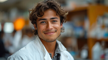 Wall Mural - A man with a white lab coat and brown hair is smiling