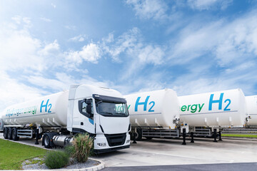 Sticker - Truck with hydrogen tank trailers. Hydrogen transportation concept.