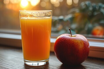 Wall Mural - A Glass of Orange Juice and a Red Apple on a Wooden Table