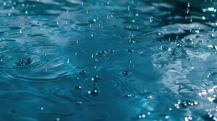 Poster -   A blue water surface close-up, with water droplets falling from the top and bottom