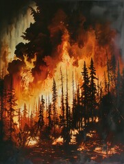 Poster - Bright flames consume trees in a forest as thick smoke and ash rise ominously in the background, showcasing the destruction of fire. Generative AI