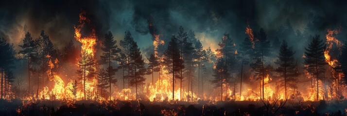 Poster - A fierce wildfire blazes through a forest, consuming trees while thick smoke and ash billow into the air, creating a dramatic and destructive atmosphere. Generative AI