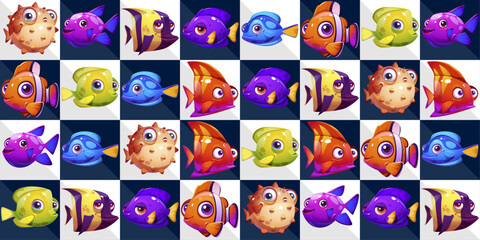 Poster - Marine tile pattern of fish, each tile has its own fish. Vector fish stylish pattern.