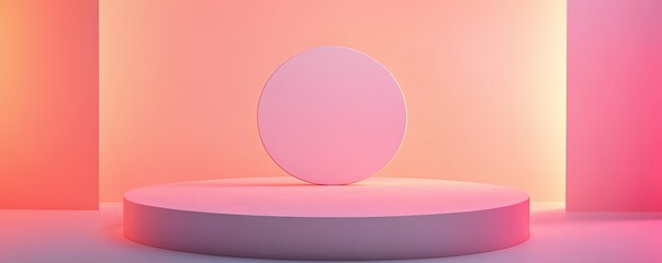 Poster - Minimalist pink podium with round backdrop and soft gradient lighting, abstract studio shot. Modern display and presentation concept