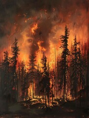 Poster - Flames engulf a lush forest as smoke and ash rise into the air, illustrating the destructive reality of a raging wildfire. Generative AI