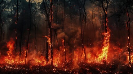 Poster - Bright flames engulf the forest, devouring trees as smoke and ash billow into the air, creating an ominous and fiery landscape. Generative AI