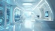 © aiLover - A futuristic white room with blue walls and a large window. The room is filled with computers and monitors, and there are several chairs and desks. The atmosphere is modern and high-tech