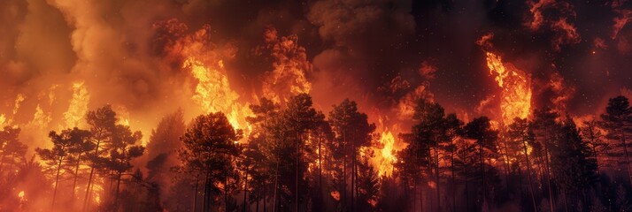Poster - Flames engulf the forest as smoke billows into the sky, illustrating the destructive force of the fire in a dramatic and intense display. Generative AI