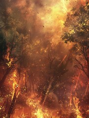Poster - A fierce fire spreads through a forest, engulfing trees in bright flames while thick smoke billows into the evening sky. Generative AI
