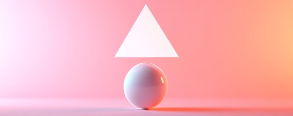 Poster - White sphere and triangle on a pink and orange gradient background, modern geometric shapes concept