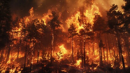 Poster - A forest is overtaken by intense flames, with bright fire consuming trees and thick smoke billowing into the air, creating a dramatic and dangerous atmosphere. Generative AI