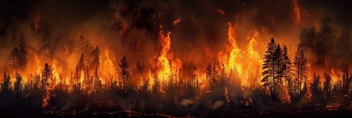 Poster - Bright flames engulf the forest, consuming trees as thick smoke and ash rise ominously into the sky. Generative AI