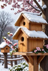 A collection of wooden bird nest boxes, each uniquely designed and painted, is displayed against a backdrop of blossoming spring flowers. 