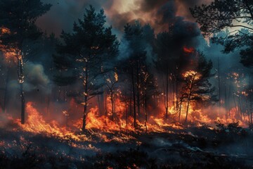 Poster - A forest is engulfed in flames, with trees consumed by fire as thick smoke and ash billow into the sky in a devastating display of nature's power. Generative AI