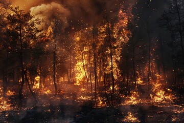 Poster - Bright flames engulf the forest, consuming trees as thick smoke and ash billow into the sky, creating a devastating landscape of destruction. Generative AI