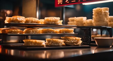 Wall Mural - Asian dumplings and gyozas shop.