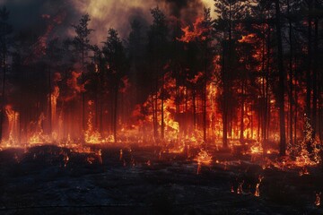 Poster - Bright flames consume a dense forest, as smoke and ash billow into the evening sky, creating a dramatic contrast against the fiery landscape. Generative AI