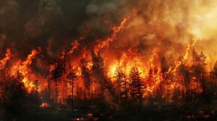 Poster - Flames engulf the forest as smoke billows into the sky, illuminating the darkness with an intense orange glow amid rising ash. Generative AI