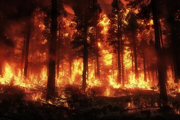 Poster - Bright flames consume trees in a forest, sending up dense smoke and ash into the sky while the landscape is transformed by the devastating fire. Generative AI