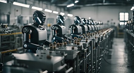 Poster - Humanoid robots in a modern factory.