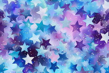 Abstract festive background with scattered blue, purple and white stars on a blurred background. Perfect for holiday designs. 
