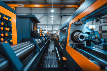 Poster - Long industrial machine operating with no people around in a brightly lit factory