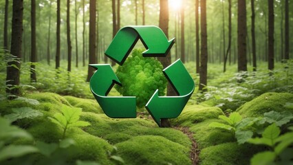 A recycling symbol encompasses a green tree in a lush forest