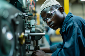 Poster - Young african man wearing safety glasses operating a large industrial machine in a factory setting