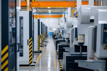 Poster - Modern industrial machines are standing in a production line inside a well lit factory, emphasizing advanced manufacturing processes