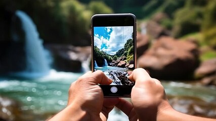 Wall Mural - Focus on mobile phone to take landscape photos The digital world is within reach.