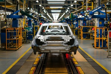 Poster - Modern car glides through a busy factory, showcasing cutting edge technology and innovation in automotive manufacturing
