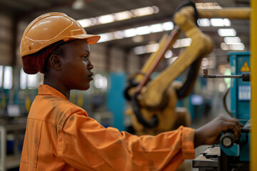 Poster - Female engineer is operating machinery inside a modern factory, with a robotic arm visible in the background