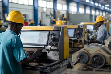 Poster - Industrial worker in a hard hat operating a cnc machine in a modern factory setting, showcasing advanced manufacturing technology
