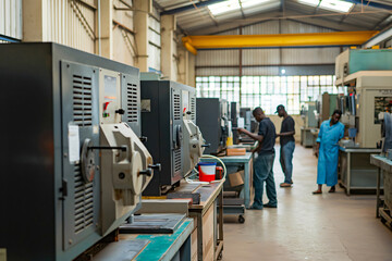 Poster - African workers concentrating on operating heavy machinery in a modern high tech machine shop
