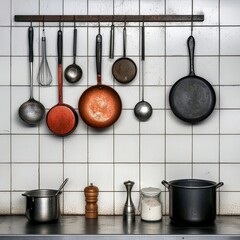 A collection of kitchen utensils hanging against a tiled wall, showcasing a variety of pots, pans, and cooking tools.