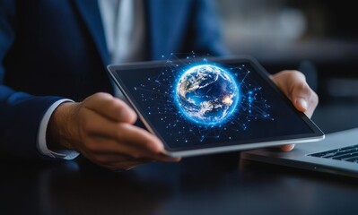 Poster - Businessman using tablet showing connectivity in the style of digital technology.