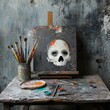 © Chano_1_na - Artistic still life featuring a skull painting on an easel with brushes and paint on a weathered table.