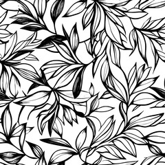 Wall Mural - Dense thickets of tropical leaves, intertwined with delicate buds and flowers, seamless pattern vector