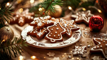 Poster - Gingerbread Cookies on Plate with Festive Decor