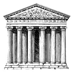 Classical Greek temple with fluted columns, pediment, and ornate frieze, vector illustration art