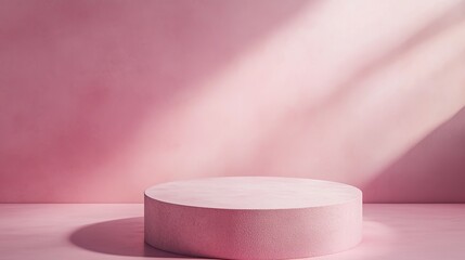 Poster - Pink cylindrical podium on pink background with soft lighting, minimalistic display. Product presentation concept