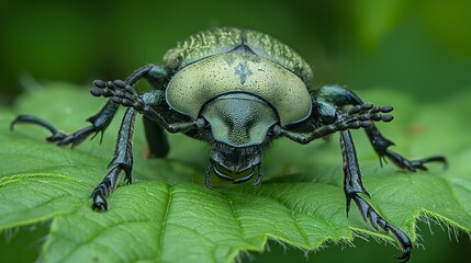 Wall Mural - A close-up macro shot of a green beetle perched on a leaf, showcasing intricate details of its body and legs