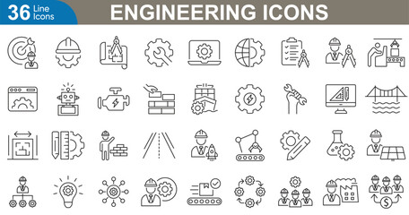 Wall Mural - engineering icons set. technology, construction, industry, tools, machinery, design, innovation, mec