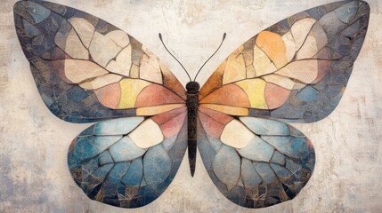 A colorful butterfly with intricate wing patterns, rendered in a watercolor style against a textured background.