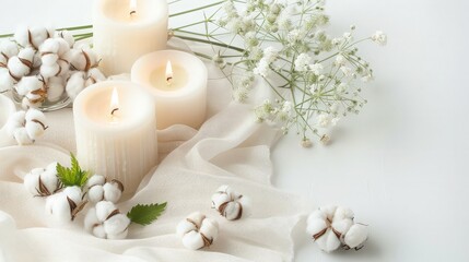 Wall Mural - White Candles and Cotton Flowers on Fabric